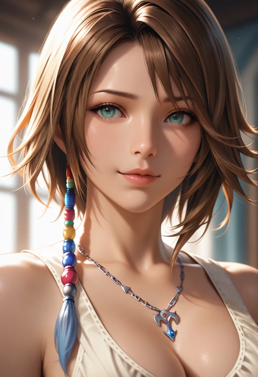 masterpiece, best quality, vibrant, very aesthetic, high contrast, photorealistic portrait,beautiful detailed face,detailed texture,detailed skin, newest, 1girl,final fantasy X,source_final fantasy X,lulu,shirt,room
