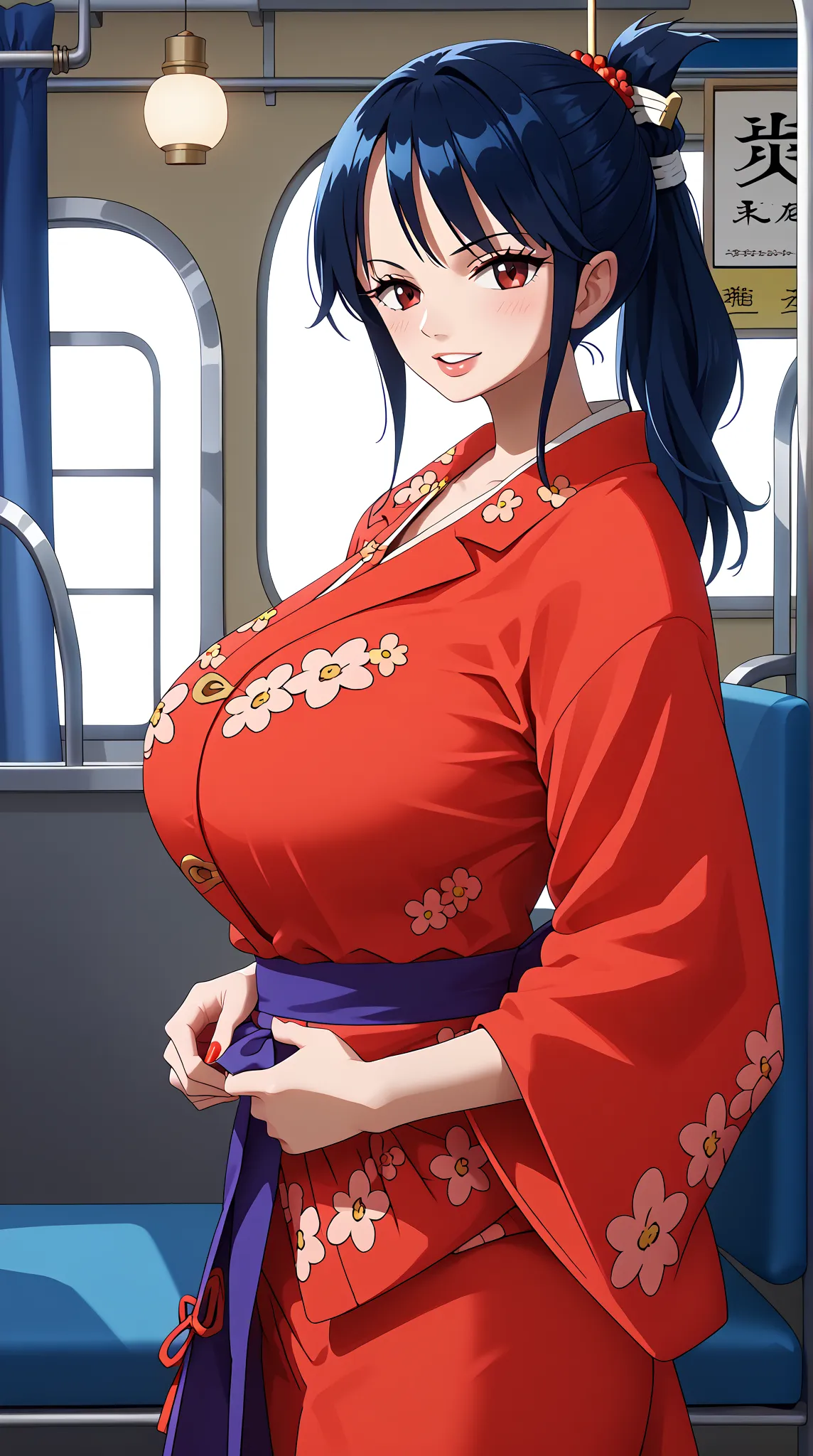 (UHD, retina, masterpiece, accurate, anatomically correct, super detail, high details,   highres, 1080P, 16k、high detail RAW color art:1.3)、 (Tashigi:1.3)、 (long hair、dark　blue　hair、ponytail、bangs:1.3)、(very gigantic breasts:1.3)、(shiny skin:1.3)、(japanese...