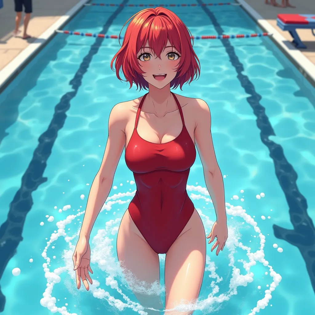 Score_9, Score_8_up, Score_7_up, Score_6_up, Score_5_up, Score_4_up, Source_Animation, Tag1, Tag2, high quality image, female athlete, 24 years old, girl in bikini, swimmer in swimsuit, swimsuit, one-piece swimsuit, red slingshot bikini, walking by the poo...