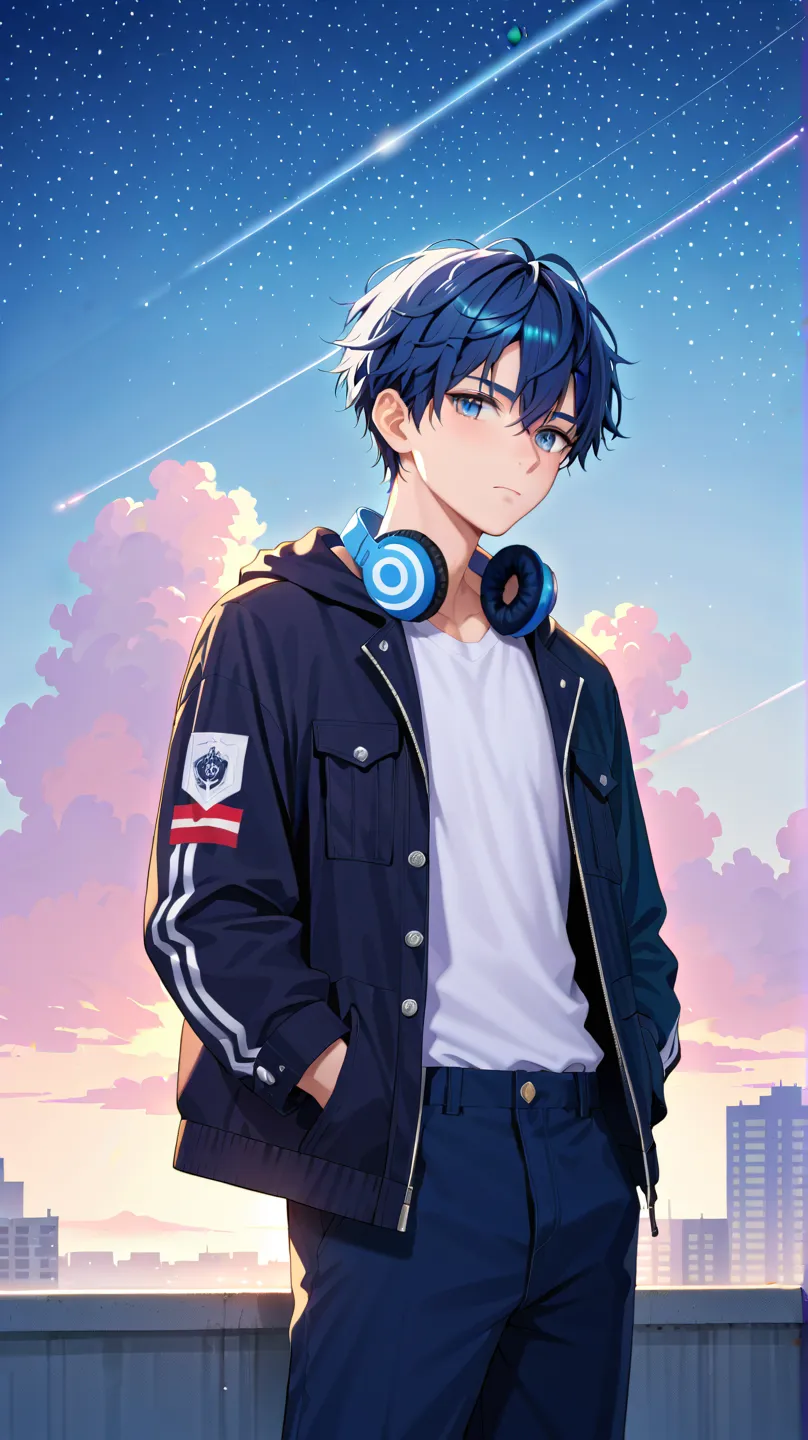 A young anime-style male protagonist with a melancholic yet warm presence. He has messy dark blue hair, deep blue-gray eyes that reflect sadness, and a slightly unbuttoned dark jacket over a white shirt. He stands on a rooftop under the starry night sky, g...