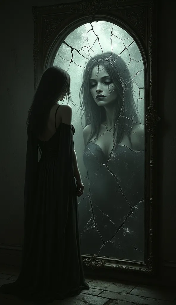 *"In a dark room, a breathtaking creature stands in front of an old, broken mirror. her back is turned towards the viewer, silhouette of supernatural elegance and grace. Your long, flowing hair seems to merge with the shadow, shimmers softly in low light, ...