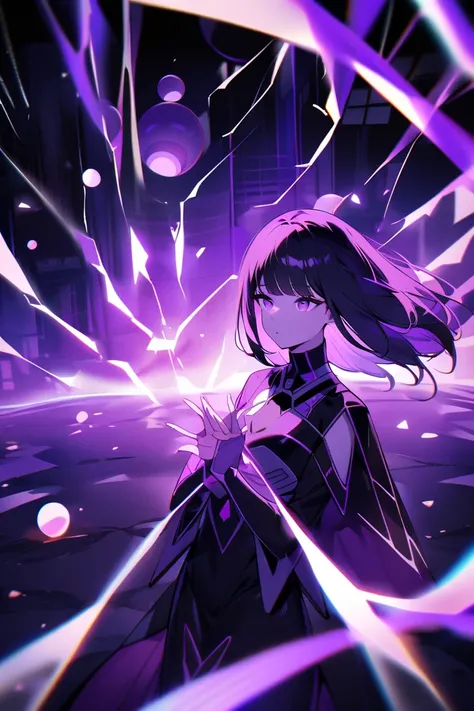  An Asian woman with long and straight hair , tinged with purple, that float around her as if in zero gravity. Her eyes shine in an intense lilac shade, indicating her psychic powers. She wears a black and purple futuristic costume, with pulsating luminous...