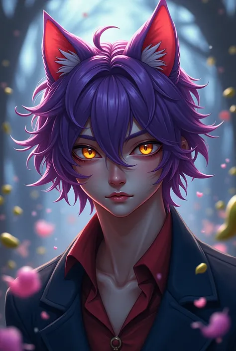 Generate digital art-style images of a boy between 20-26 years old, inspired by the cheesire cat from Alice in Wonderland, long, disheveled purple hair, eyes one orange the other gold, Shit- less