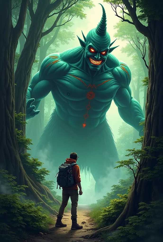 Evil geine on forest with hiker man talking on in (make it an s drawing) make this land scape