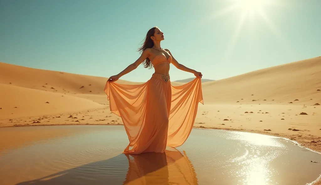 a faint fata morgana of a belly dancing woman at a waterhole in the desert at midday with clear blue sky and heavy air