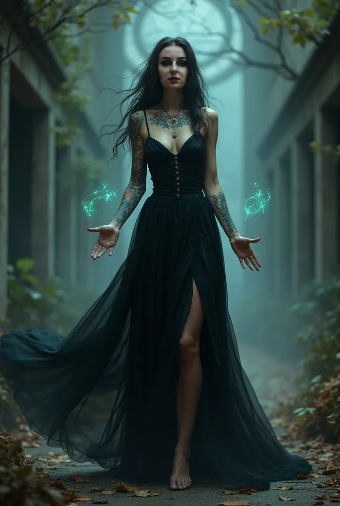 Beautiful tattooed witch with her black dress doing magic 