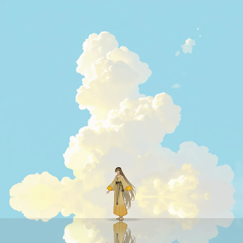 a serene and ethereal scene with a person standing in the center. The individual is dressed in flowing, light-colored garments that resemble traditional or fantasy-style clothing. Their hair is long and appears to be flowing freely, adding to the sense of ...