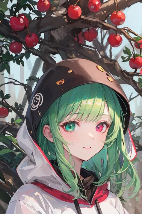   1 boy、 green hair Shortcut 、 green hair、    heterochromia＋  pink、Light green、smile、black hoodie、wears a hood、I have heart chocolate、The background is a cherry tree、 Fantastic