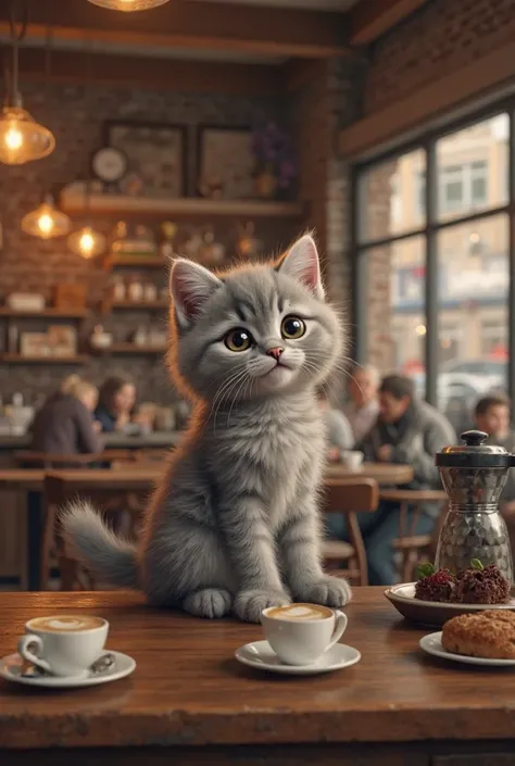 Realistic gray kitten working in a coffee shop 