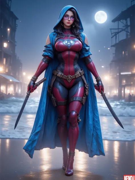 - Main Character, Adult Woman "Kuwait", Beautiful, tall, long legs, Long hair, Blue Glasses.
(Looking at the Audience)

- Wearing a costume ("Full Sexy Armor").
Chest and Thigh Armor slightly open.
High-tech futuristic costume design.
Wearing a blue robe a...