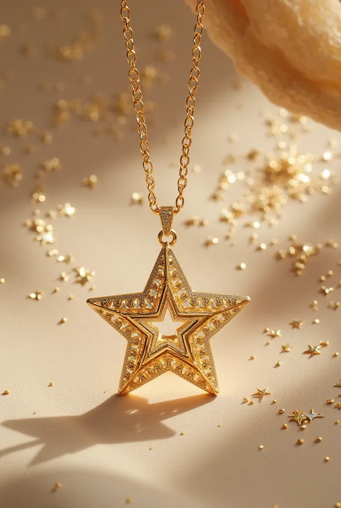 A gold chain contains a gold star and each gold star has small gold stars in the middle with a pentagonal shape