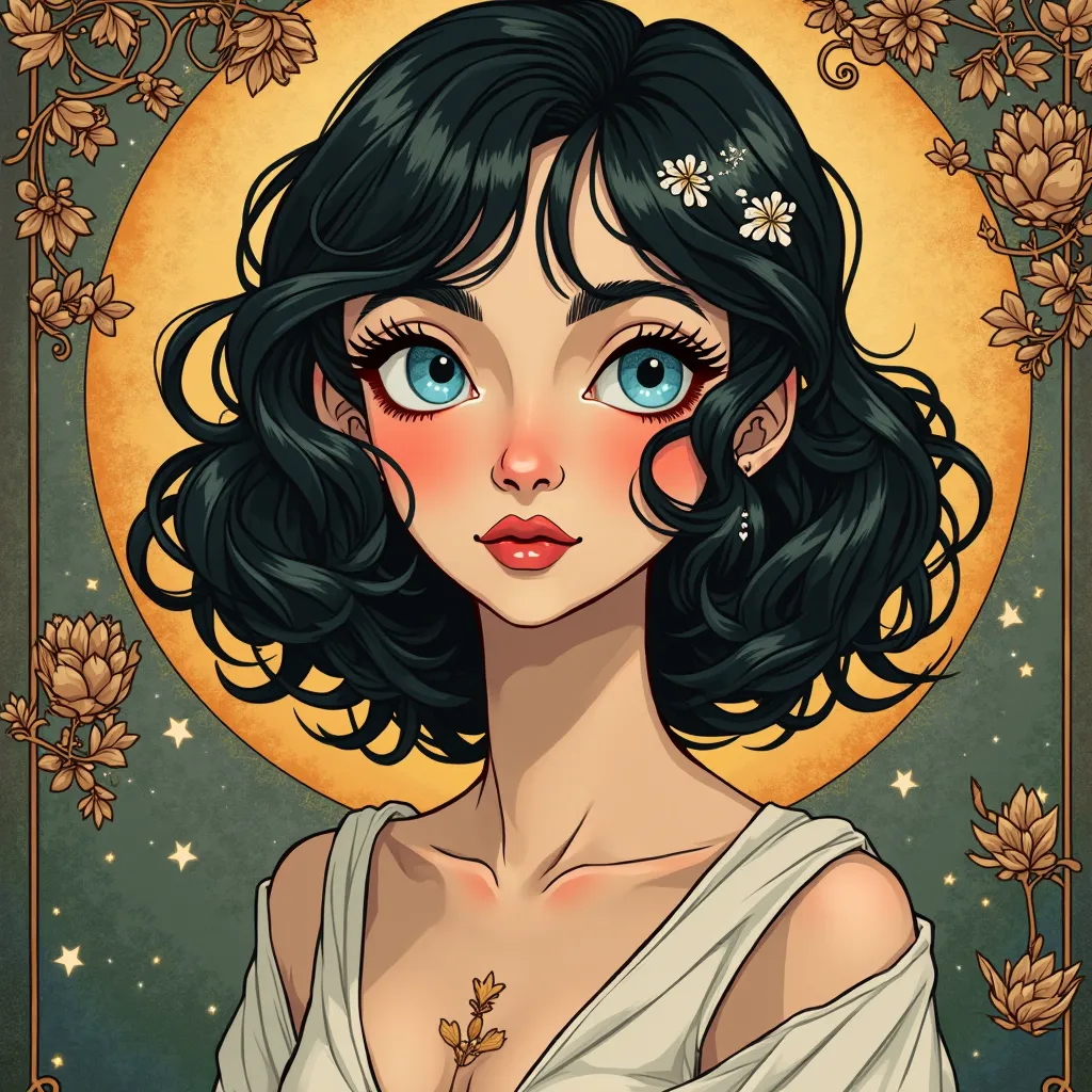 Cartoon image of a woman in the Art Nouveau style with tarot references in colors #c88b71 #faf8f5  #b4a586 she must have blue eyes, black hair, white skin and small mouth and round face  