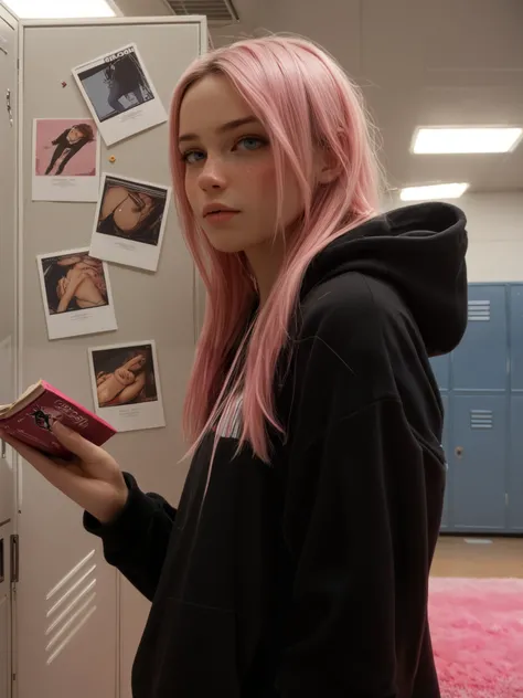 A digital illustration shoot from a front camera angle about a young woman with long pink hair standing in a locker room, holding two photos. she is wearing a black hoodie and has freckles on her face. the woman is standing in the middle of the image, with...