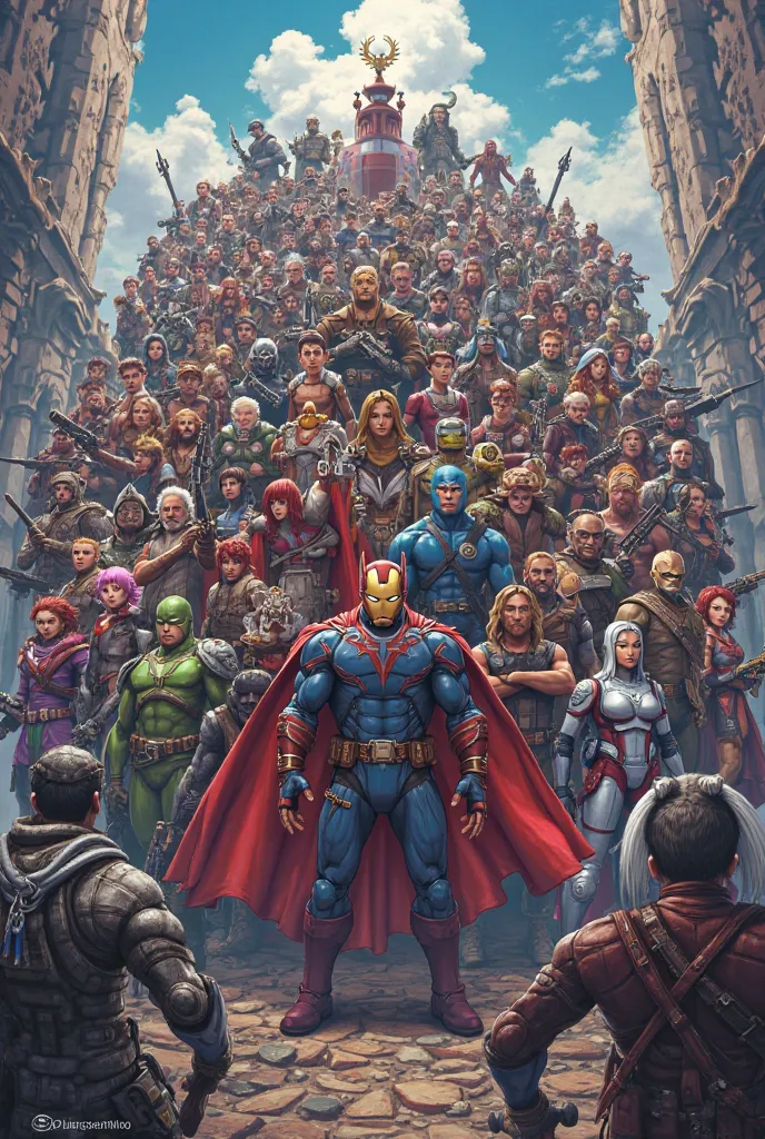 background image with more than 50 diverse gamer characters and heroes