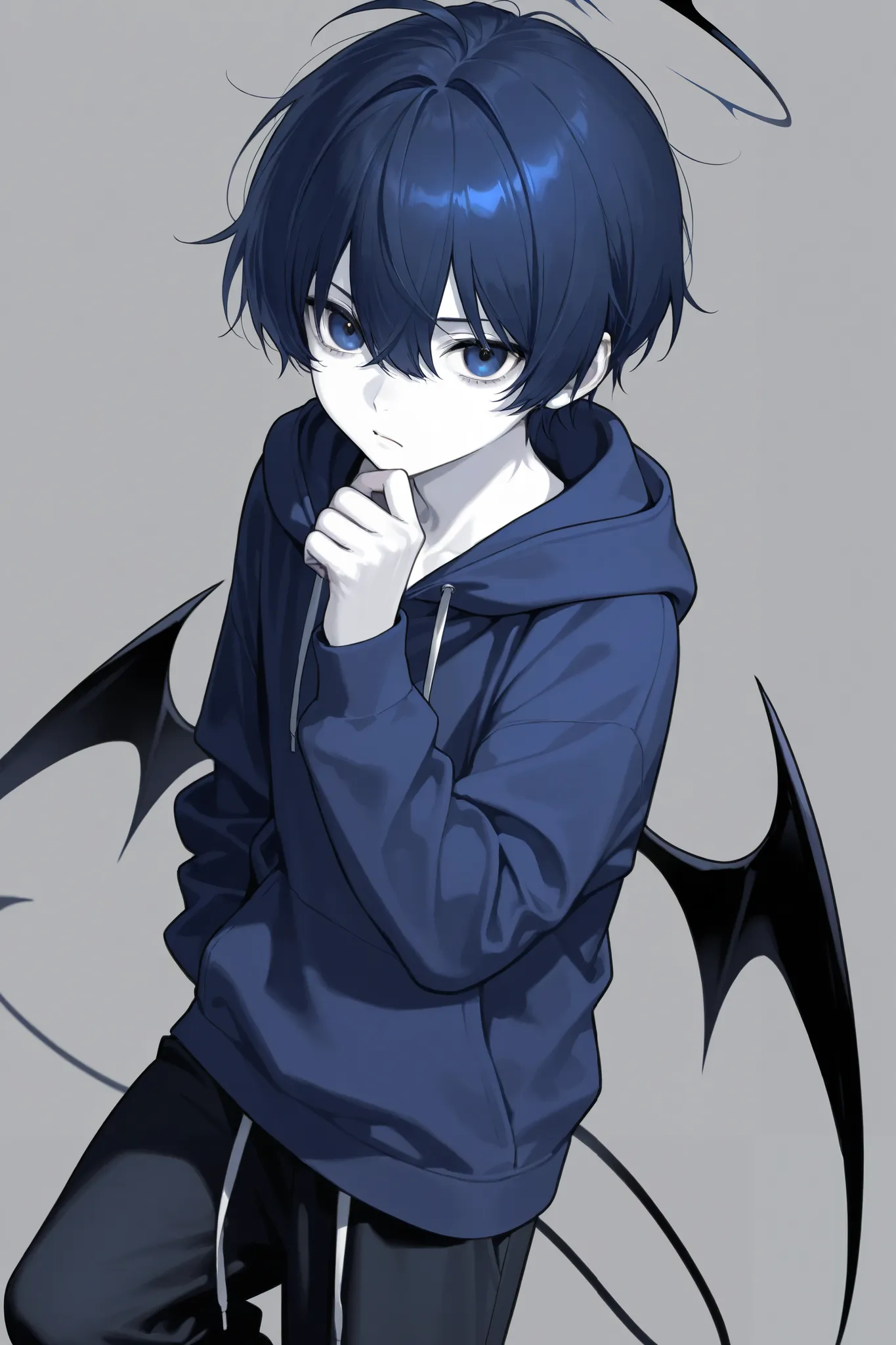  dark blue hair、1 man、 hoodie、dark blue eyes、best image quality、highest resolution、huge pants、Devil&#39;s Wings、 white skin