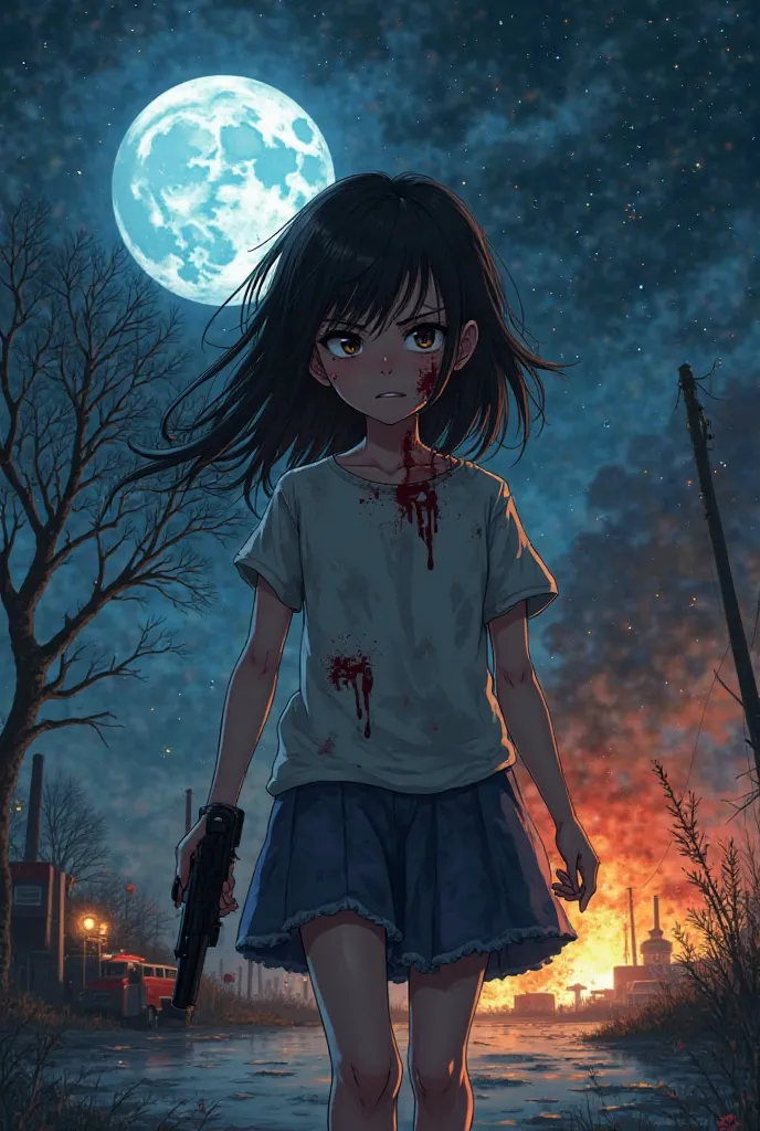 A black haired girl with is walking towards the screen , with her face splashed by blood , it was night , there are full moon is shining , the stars coloured white ,  and a tree behind her , there are a factory exploided behind her , she was carrying a bla...