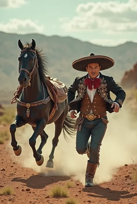 A video where a charro runs on foot and is chased by a black horse with its saddle and brake