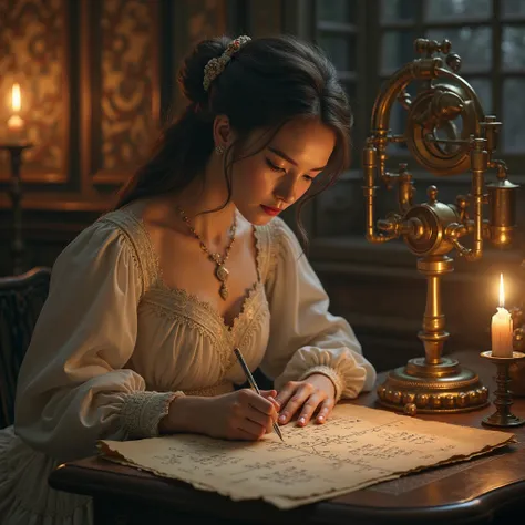 A 19th-century woman in a Victorian dress writing equations on parchment, a steampunk mechanical machine in the background, warm candlelit glow