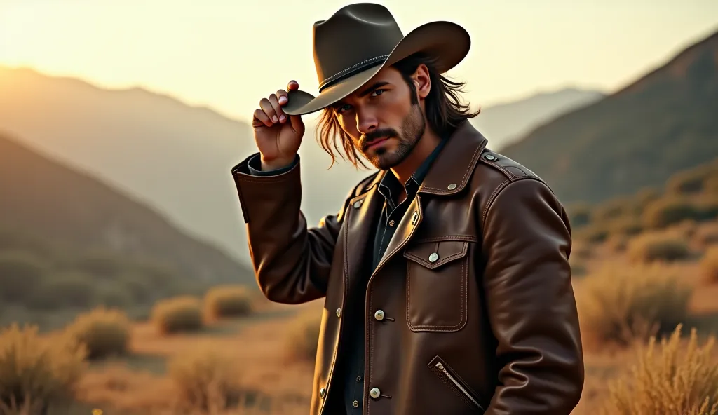 (photorealism:1.2),"A man with long, tousled hair, wearing a rugged jacket, looks directly at the camera while holding his cowboy hat in one hand. He stands outdoors, with a mountainous landscape in the background and soft sunlight casting a golden glow on...