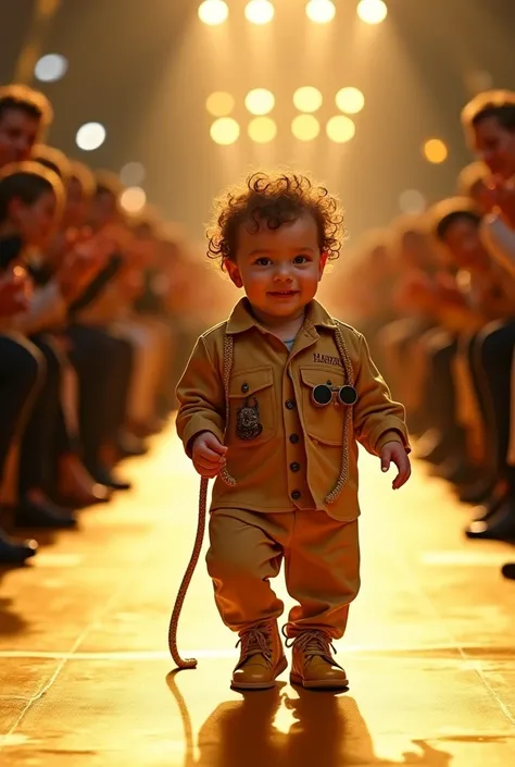 A chubby baby boy, around , with curly hair, confidently walks down a luxurious golden runway holding a real lion cub by a stylish golden leash. The lion cub looks majestic with its soft golden fur and bright eyes. The background features bright spotlights...