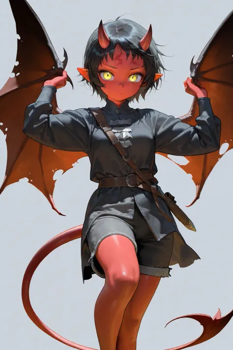 ( Masterpiece : 1.2), (    very detailed: 1.2), (    very detailed CG: 1.2), (    HD: 1.2), 1woman, Imp, red skin, black hair color, messy bangs, two small horns on forehead, light red skin, bat wing, bright yellow eyes, cat pupils, long pointy ears, simpl...