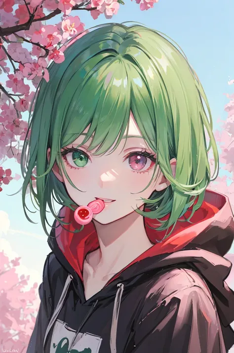   1 boy、 green hair Shortcut 、 green hair、    heterochromia＋  pink、Light green、smile、black hoodie、wears a hood、Licking candy、The background is a cherry tree、 Fantastic