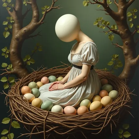 surreal painting of a woman with an egg for a head and no face, seen from the side kneeling in a birds nest full of eggs, wearing classical clothing, classic art, dreamy, surreal, realistic, magical, symbolism