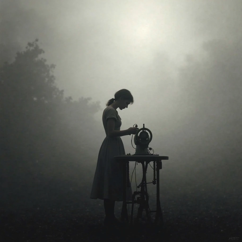 Image of a seamstress in the fog in black and white 