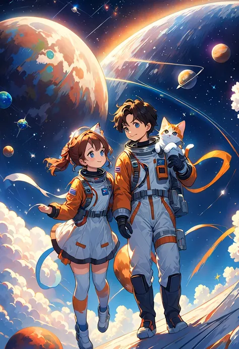 Cartoon illustration of a boy and a girl in space with cat,  Official Fanart, in space, kitten in outer space, in outer space, in deep space, In the Galaxy, deep space exploration!!!, space travel, Wearing the Stars and Planets, outer space, outer space, s...