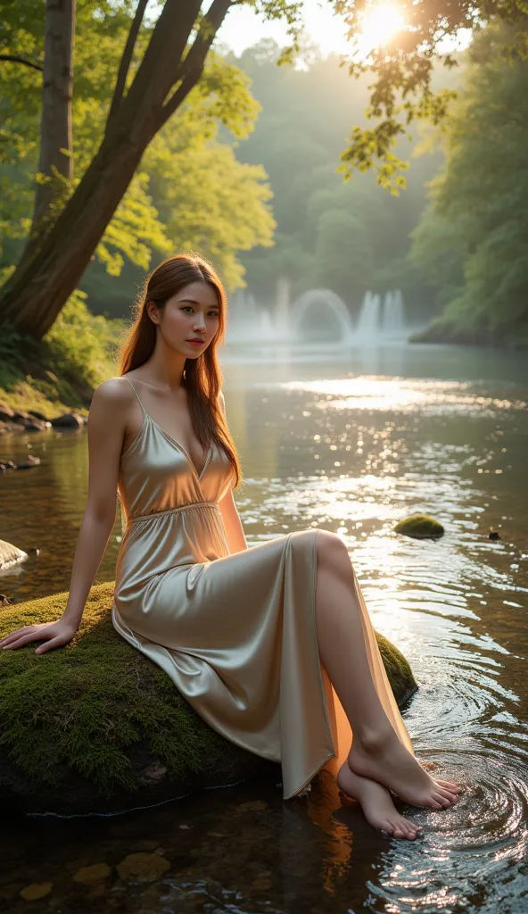 A mesmerizing artistic photoshoot by a tranquil river, a model wearing a flowing silk dress, sitting gracefully on a mossy rock, soft golden sunlight filtering through the trees, misty water reflections, dreamy and ethereal mood, fine art photography, cine...