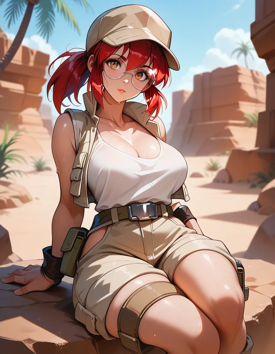 Fio Germi (Metal Slug), Ultra HD, with glasses, , layer, red-haired , in a desert, big boobs, a hot neckline, front view of breasts , breasts in close up , hot and provocative tits , very hot neckline front view of the chest, breasts looking at the viewer,...