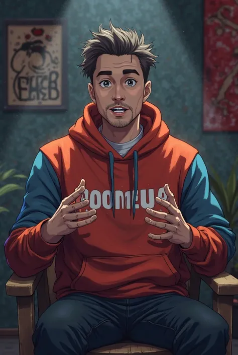 An anime man sitting straight confidently on a  chair in his  horror themes basse YouTube studio. He is wearing a bright block hoodie with YouTube  boldly printed on it. His face is clearly visible and expressive. The man is gesturing with his hands, as if...