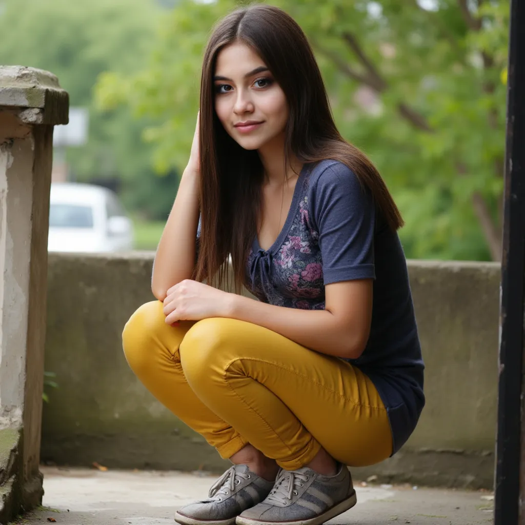 Woman is on the balcony.  she is squatting . She has yellow pants and wise sneakers.  style photorealistic ,  full body