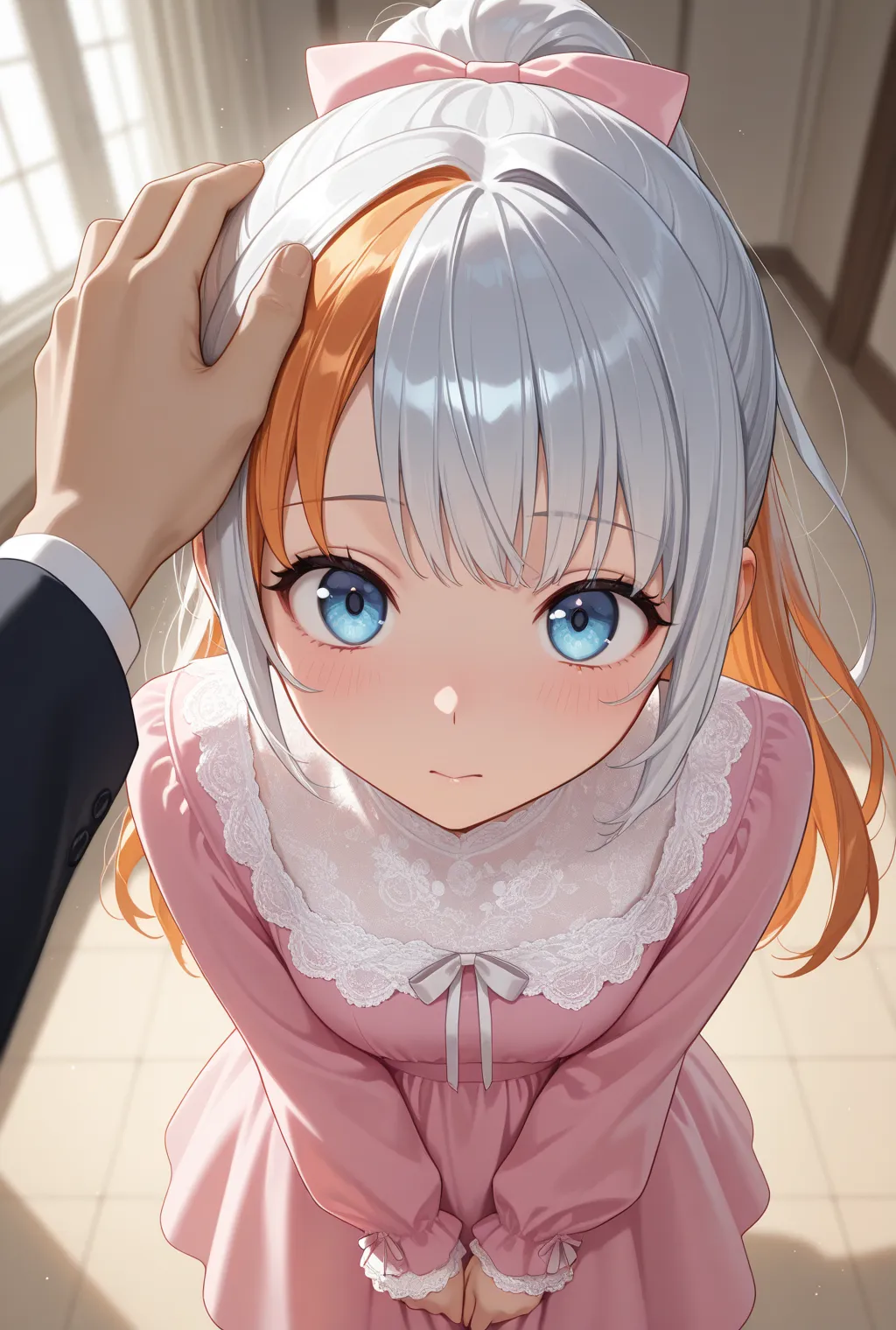   masterpiece,  top quality ,  best image quality,  high quality,  detailed background, ((one girl,1 person)),((brilliant silver hair)), only bangs are orange, Partly orange hair, only bangs are orange, ponytail,  light blue eyes,  beautiful eyes, beautifu...