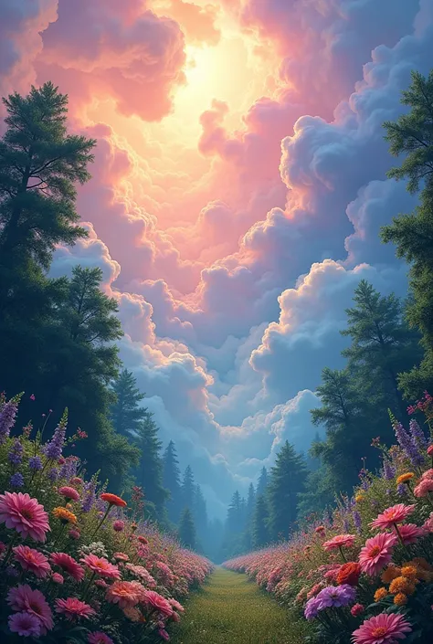 A lush forest of flowers, under a sky of five-hued clouds