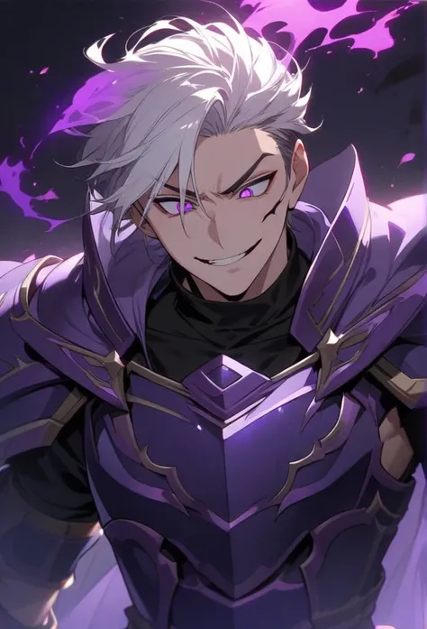  young adult Greek man with short white hair,  hair shaved on the sides, Curtain cropped hair style, Violet Eyes, Effects of flares purple flames inside his eyes, wearing Greek armor all in purple that protects the entire body, wearing a simple turtleneck ...