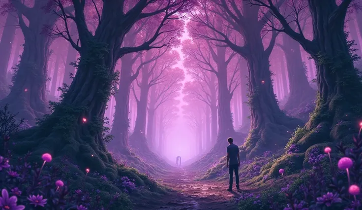 bright rich purple forest anime background, a lot of confusion