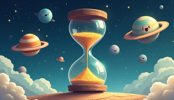 A huge cartoon-style hourglass floating in a serene space, where the sand is made of stardust that slowly falls from one compartment to another. Around the clock, planets with friendly faces rotate gently, while small clouds float around them, leaving a tr...