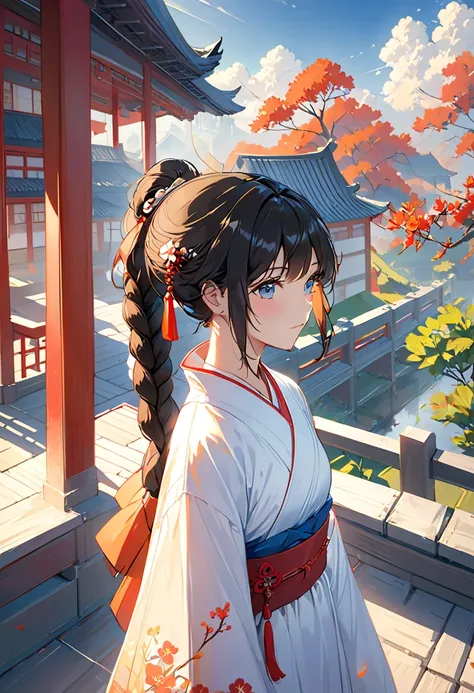 ((1 girl)),((building)),  braided bangs ,braided ponytail,(Alone:1.2),  black hair, ,viewers, sunlight,Hanfu, Cheng Qiang, 