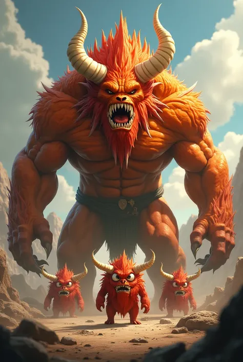 Big big orange monster with horn, Two monsters orange and red, Below are 3 small monsters with animated friendly horns