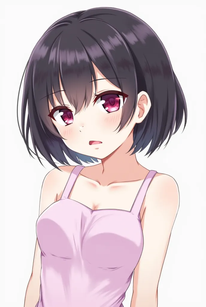 Anime style illustration, female character, white complexion, short dark hair, fringes, pink slanted eyes, mischievous and teasing expression, beautiful face, leaning into, showing skin of shoulder, ****-like character, school dresses