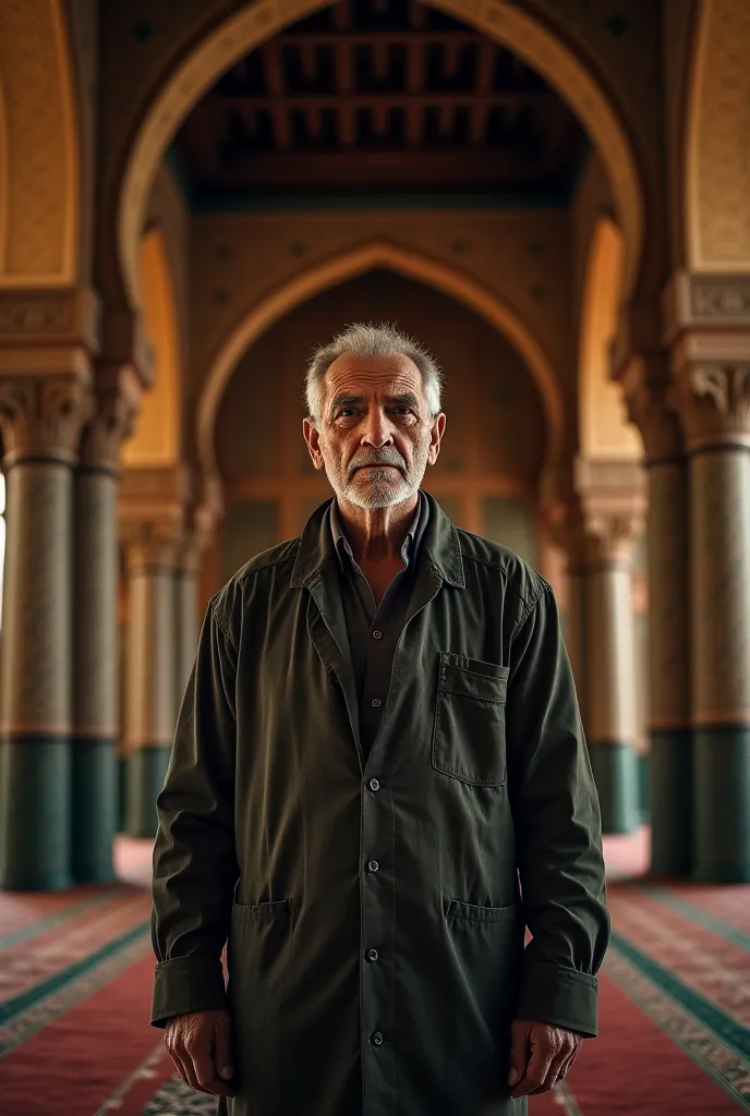 Old man in old image in of the mosque 