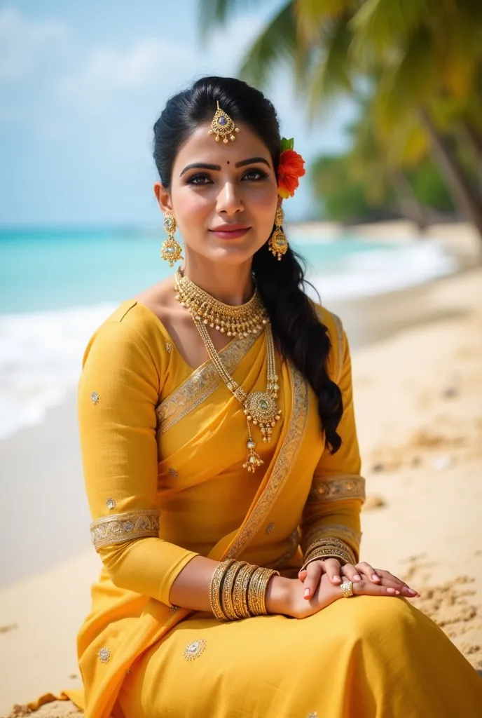 A woman wearing a traditional golden outfit sits on a sandy beach, showcasing intricate jewelry including earrings and a decorative headpiece. She has a flower in her hair and a decorative bindi on her forehead, with palm trees visible in the background ag...