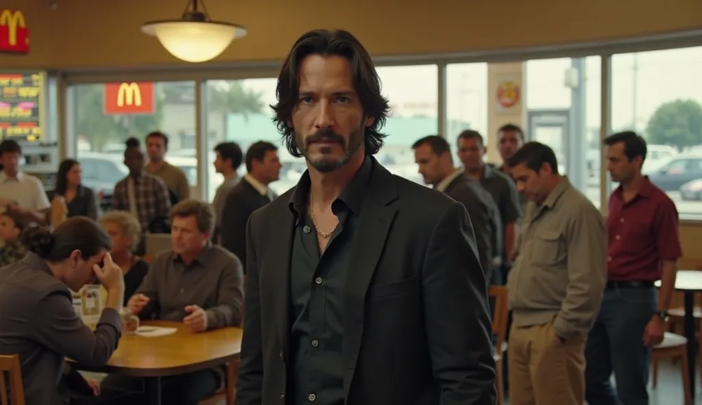  Keanu Reeves standing confidently in the middle of the McDonald's, his eyes locked onto the man about to make a move. The surrounding customers watch in confusion, unaware of the imminent confrontation.