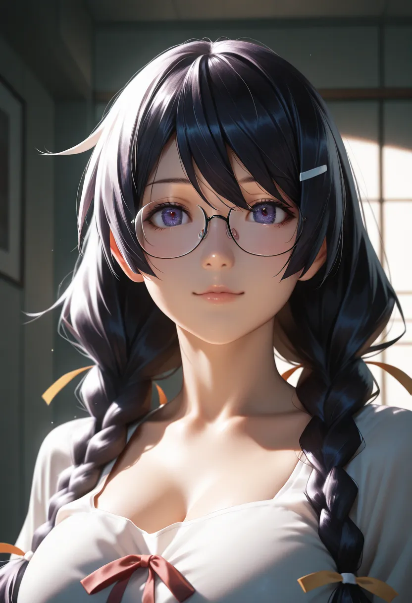 masterpiece, best quality, vibrant, very aesthetic, high contrast, photorealistic portrait,beautiful detailed face,detailed texture,detailed skin, newest, 1girl,bakemonogatari,source_bakemonogatari,hanekawa tsubasa,black twin braids,glasses,shirt,room
