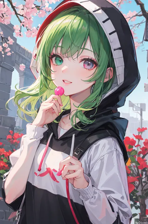   1 boy、 green hair Shortcut 、 green hair、    heterochromia＋  pink、Light green、smile、black hoodie、wears a hood、Licking candy、The background is a cherry tree