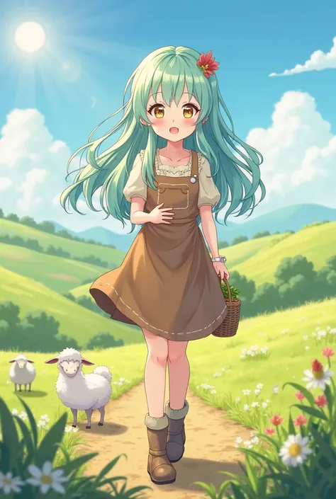 Create an anime-style illustration of a lovely young farm girl with a cheerful and vibrant personality. She has long, flowing pastel turquoise hair that shines softly in the sunlight, styled with loose waves and perhaps a small braid or hair accessory like...