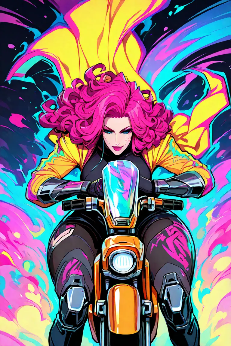 Wear a yellow cape with a psychedelic pattern、A long-haired, freckled woman with pink curly hair in mechanical cyberpunk fashion, gorgeous large accessories - and flashy eye makeup is riding a psychedelic, mechanical cyberpunk motorcycle