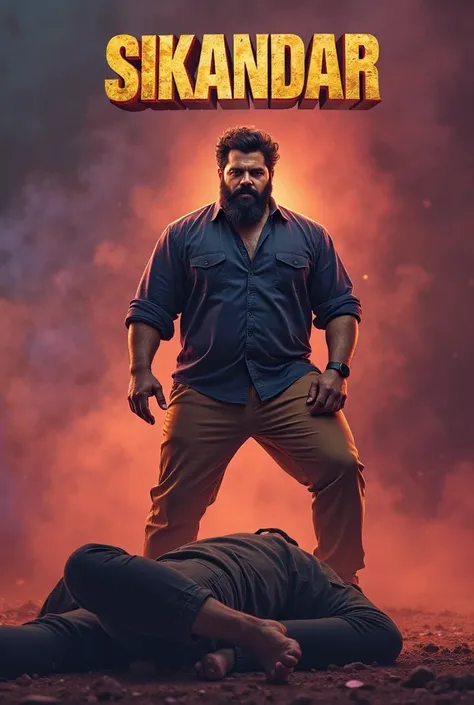 featuring a rugged, charismatic action hero with a beard, wearing a dark blue shirt and brown pants. He is striking a dominant pose, with one foot on an opponent's back, exuding strength and authority. The background is filled with a dramatic atmosphere of...