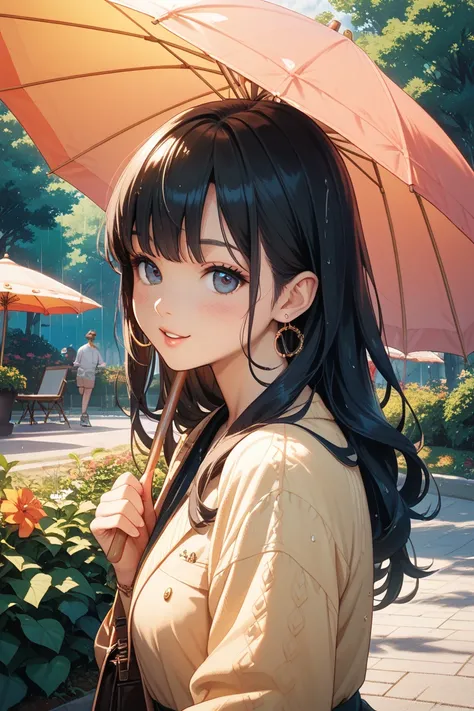 Rainy summer morning: A 20-year-old Japanese woman with long black hair is happily skipping through a park with beautiful morning glories and a colorful umbrella. A little fairy like tinker bell is whispering in her ear. real  picture  please